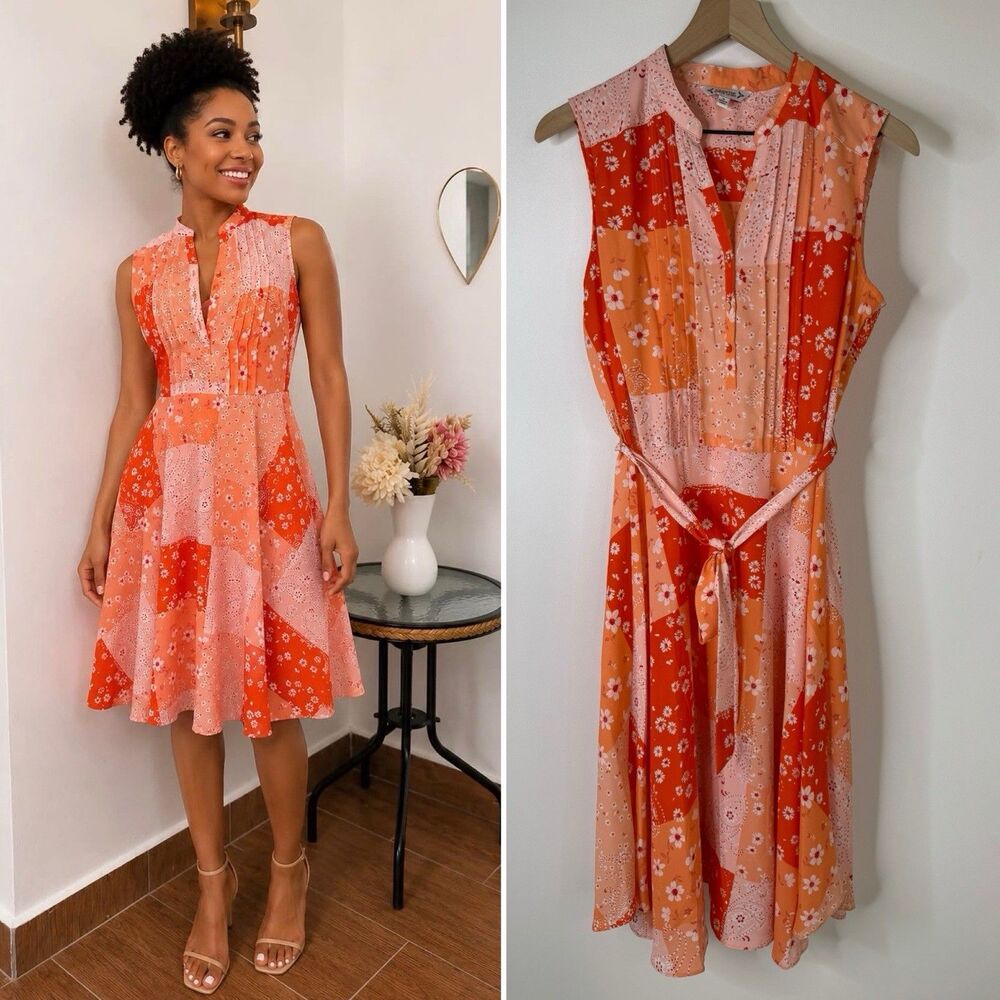 Nanette Lepore Dress 8 Colorful Floral Chiffon Vivid Coral Belted MSRP $128